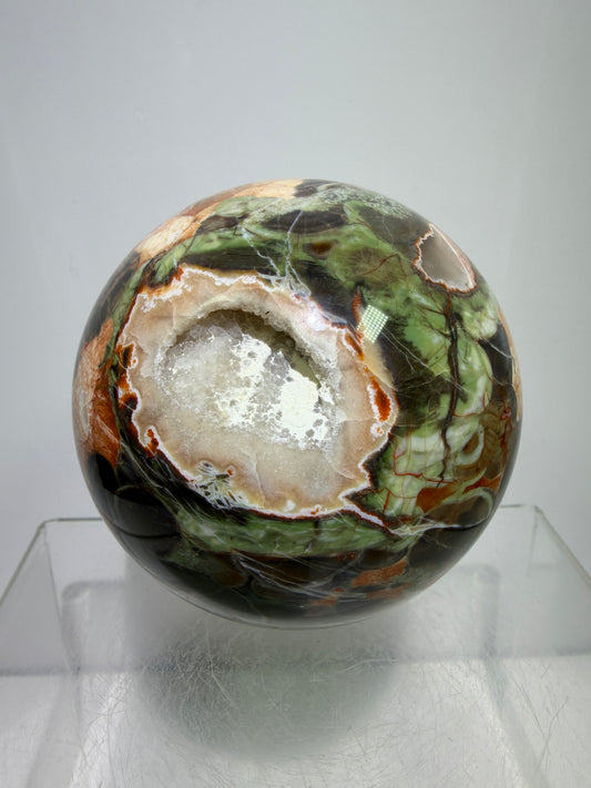 Money Agate Crystal Sphere. 73mm. Very Rare Shades Of Green. Stunning Druzy Indonesian Bloodstone. Amazing Colors And Patterns