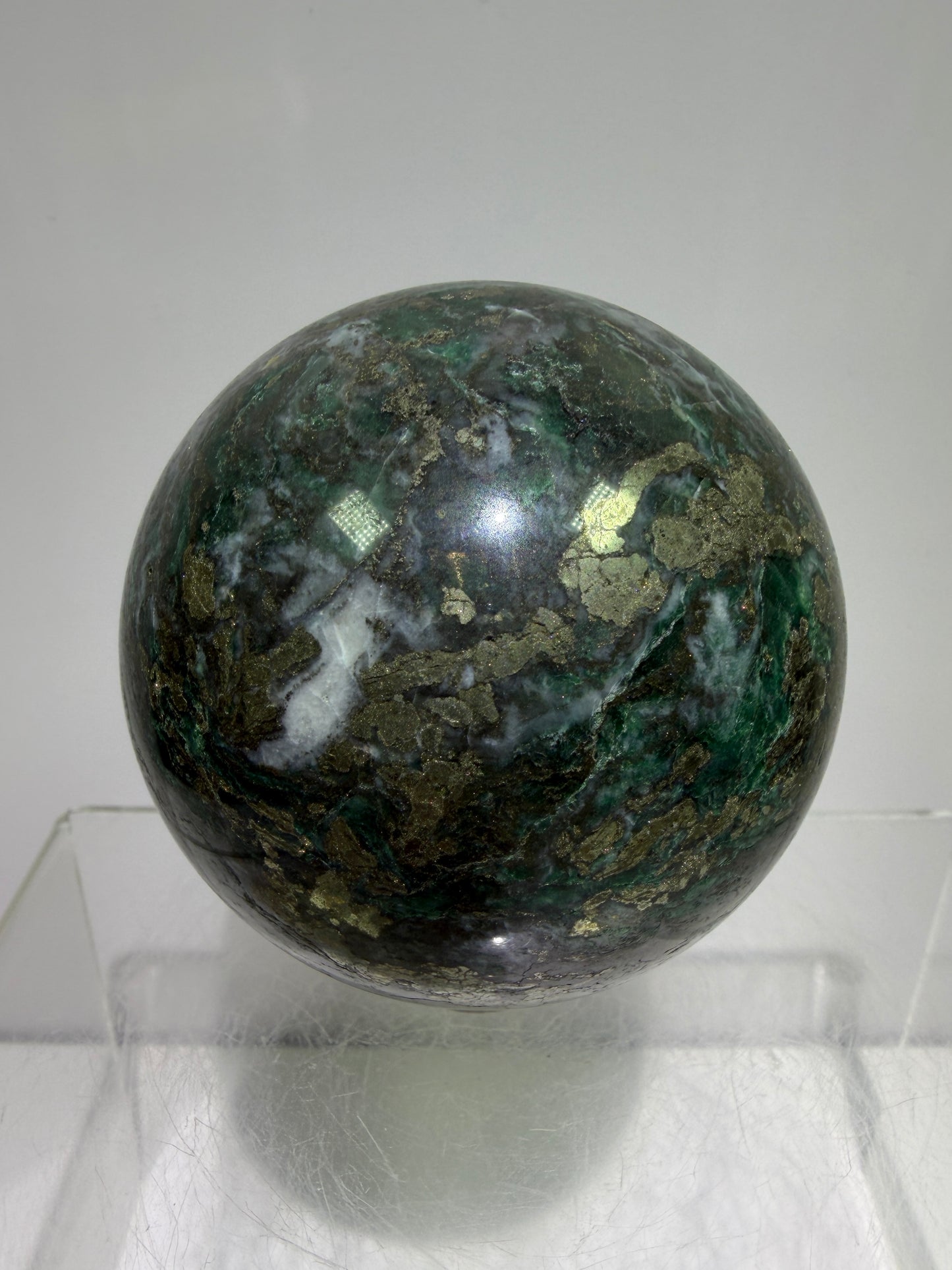 Atacamite And Pyrite Sphere. 64mm. High Quality Rare Sphere. Gorgeous Color Combination.