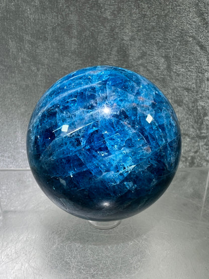 Blue Apatite Crystal Sphere. 60mm. Gorgeous Deep Blue With Lots Of Iridescent Flash. High Quality Display Sphere