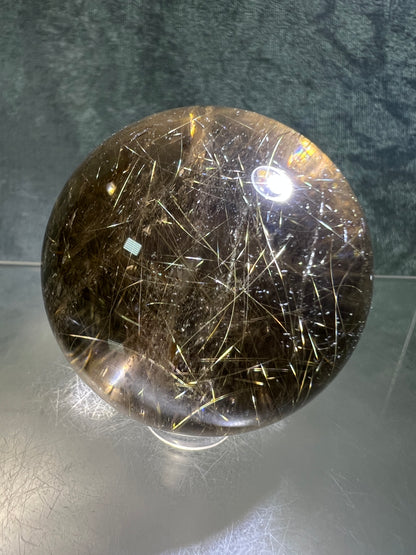 Rutile Quartz Sphere. Gorgeous Smoky Quartz With Stunning Golden Rutile Inclusions. High Quality Display Sphere.