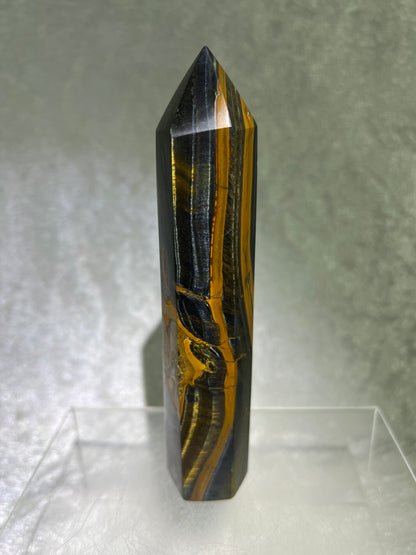 Blue Tigers Eye Tower. 5.85 Inches. Amazing Large Hawks Eye Crystal. Gorgeous Display Tower