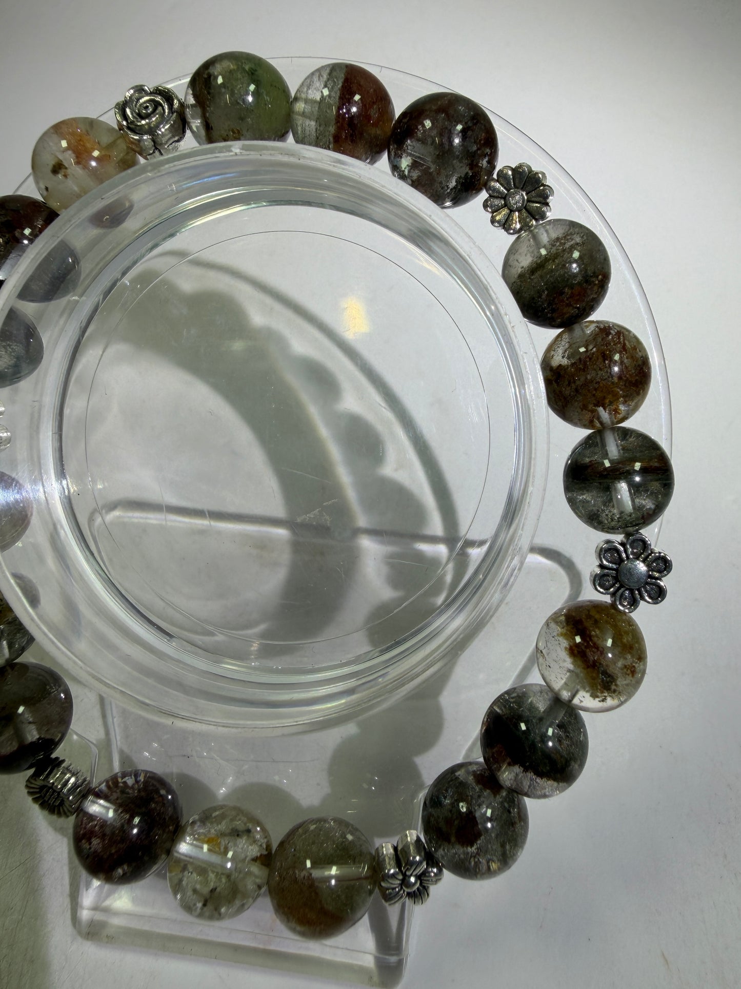 Garden Quartz Crystal Bead Bracelet. Incredible Lodolite Bracelet. 9.5mm. Amazing Flower Spacers.