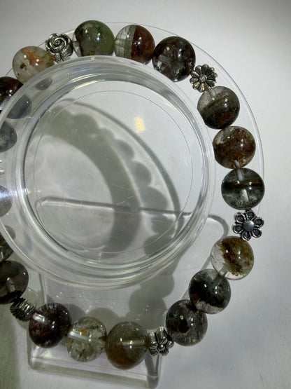 Garden Quartz Crystal Bead Bracelet. Incredible Lodolite Bracelet. 9.5mm. Amazing Flower Spacers.