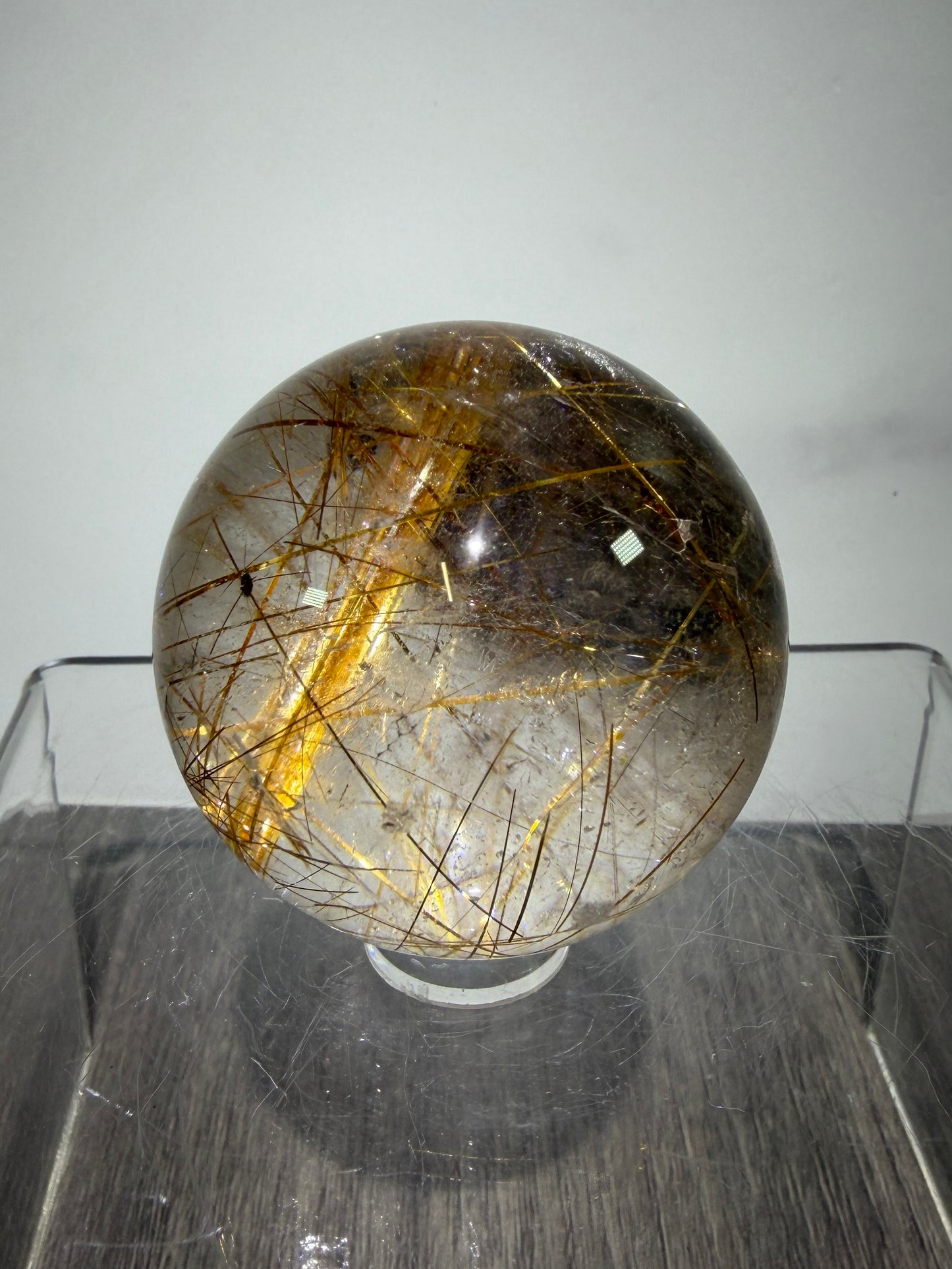 Copper Rutile Quartz Sphere. Stunning Hematite Slab And Rutile Inclusions. Amazing Rare Display Sphere