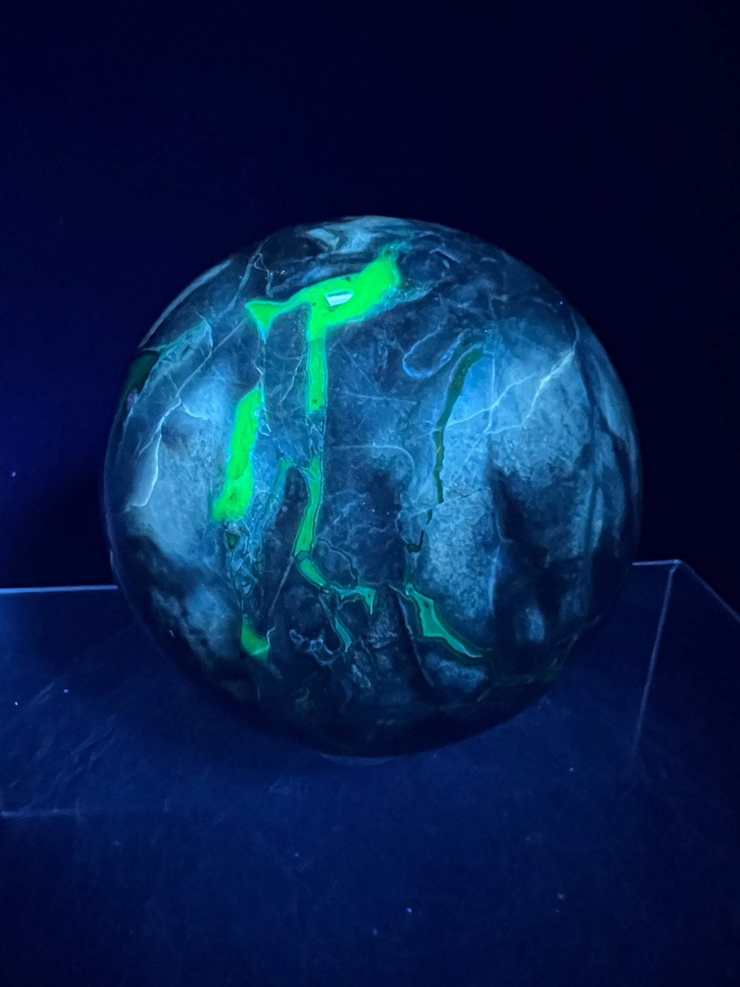 Volcano Agate With Purple Chalcedony Sphere. 68mm. Beautiful Rare Purple And Green UV Reaction. Amazing High Quality Display Sphere.