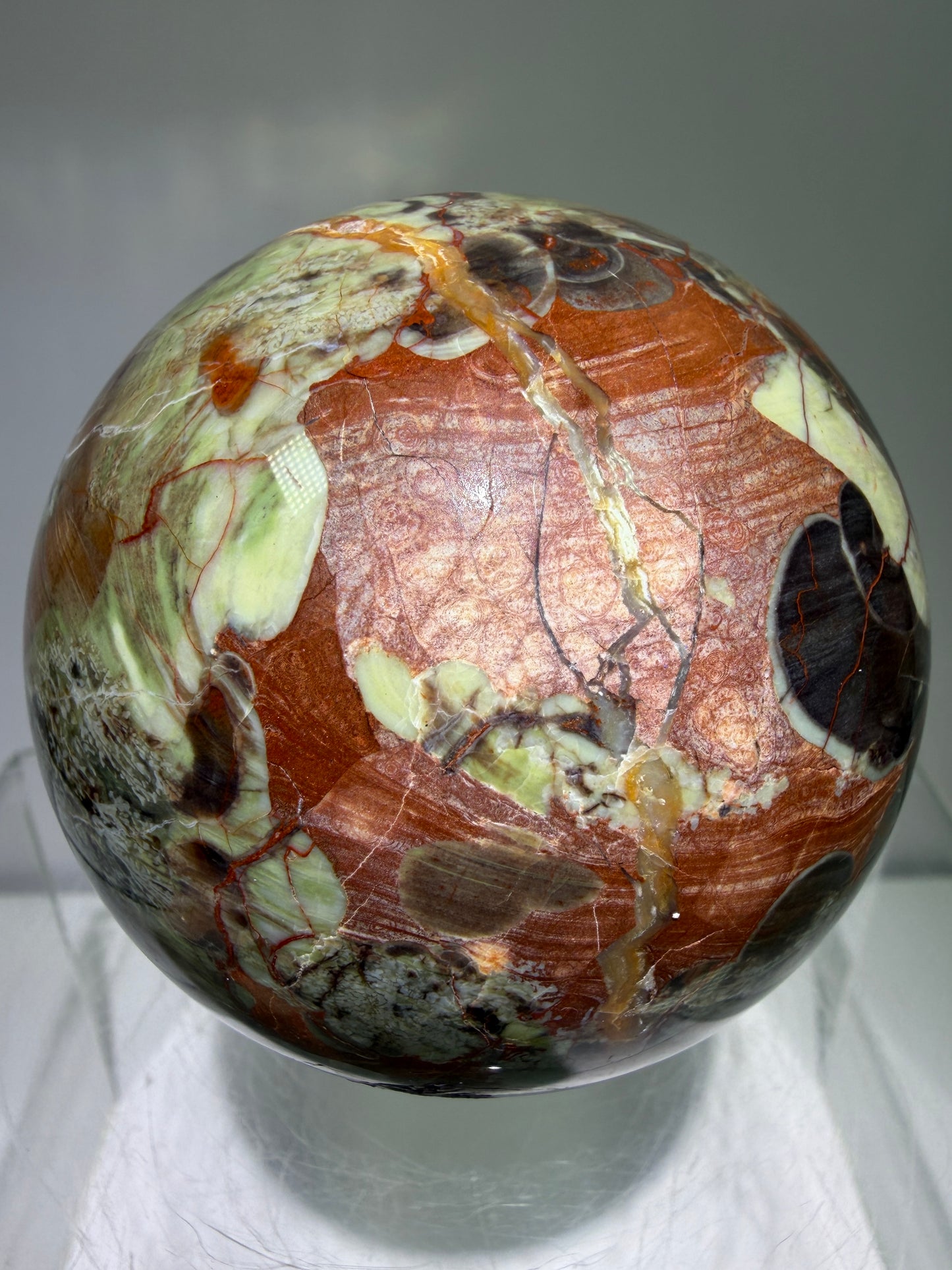 Money Agate Crystal Sphere. 65mm. Very Rare Shades Of Green. Stunning Indonesian Bloodstone. Amazing Colors And Patterns