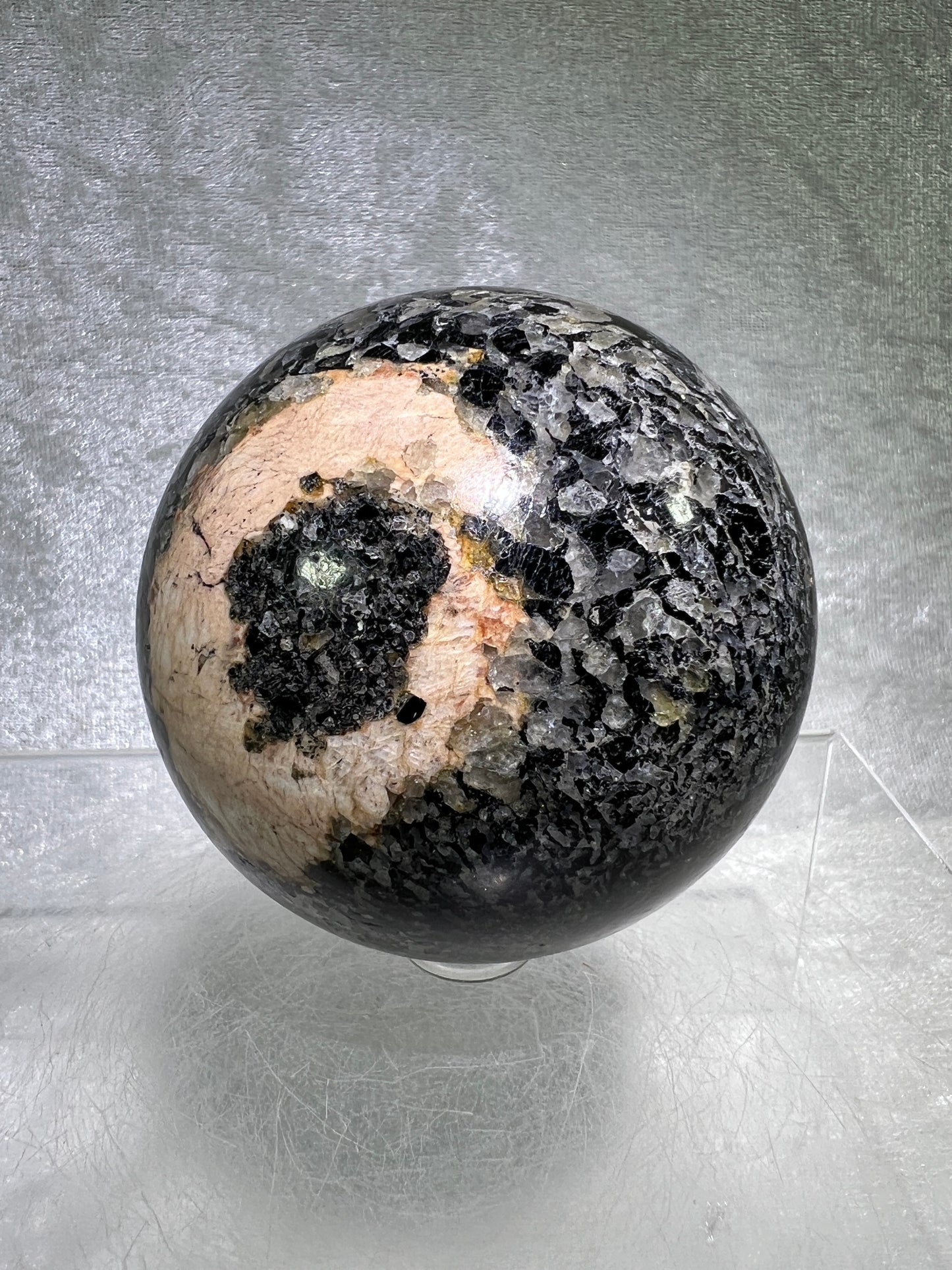 Black Tourmaline And Calcite Sphere. 71mm. Beautiful Display Sphere With Amazing Colors And Patterns.