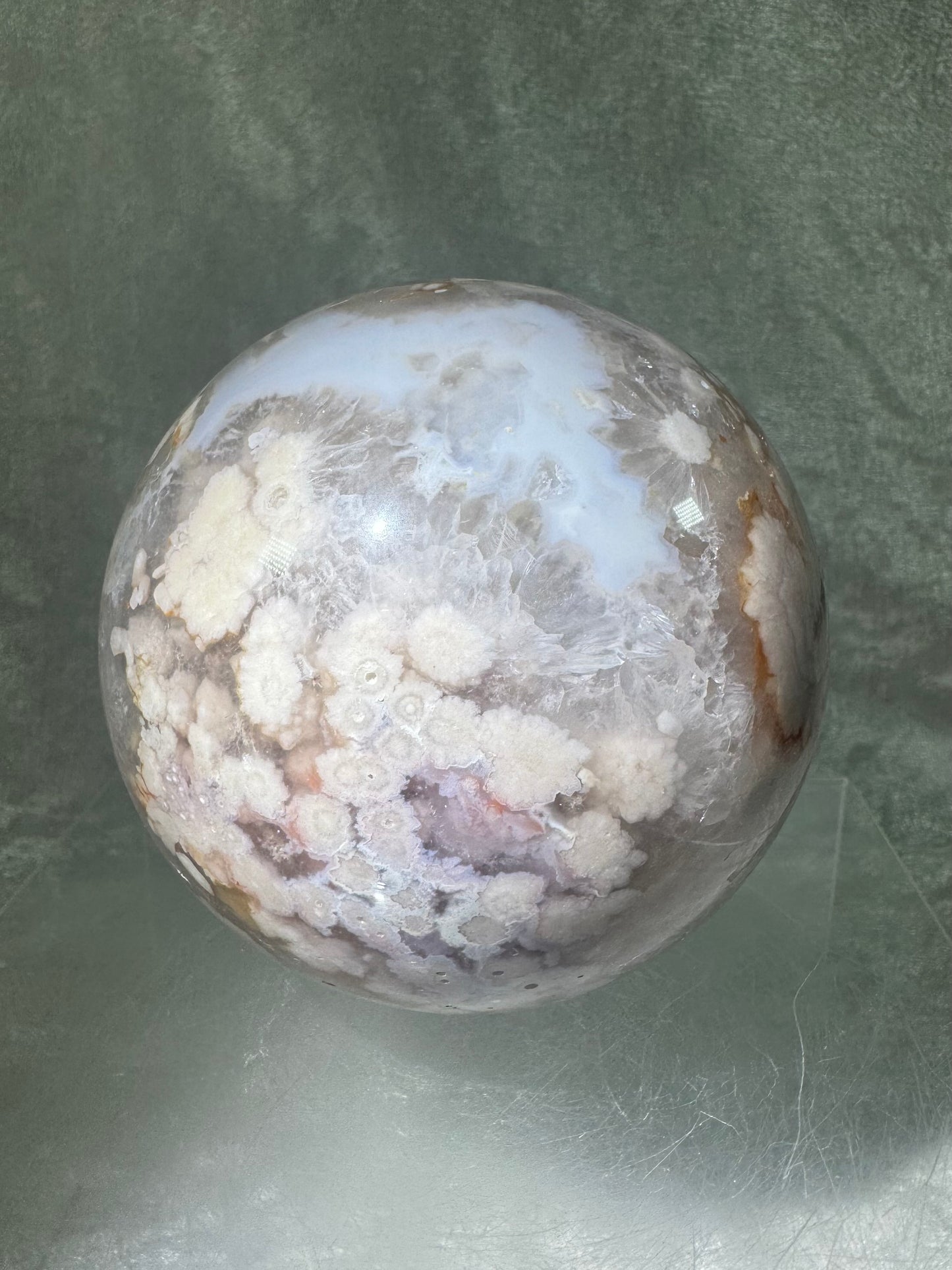 Flower Agate Sphere. 90mm. Beautiful Druzy On This Large Centerpiece. Amazing One Of A Kind Display Sphere.