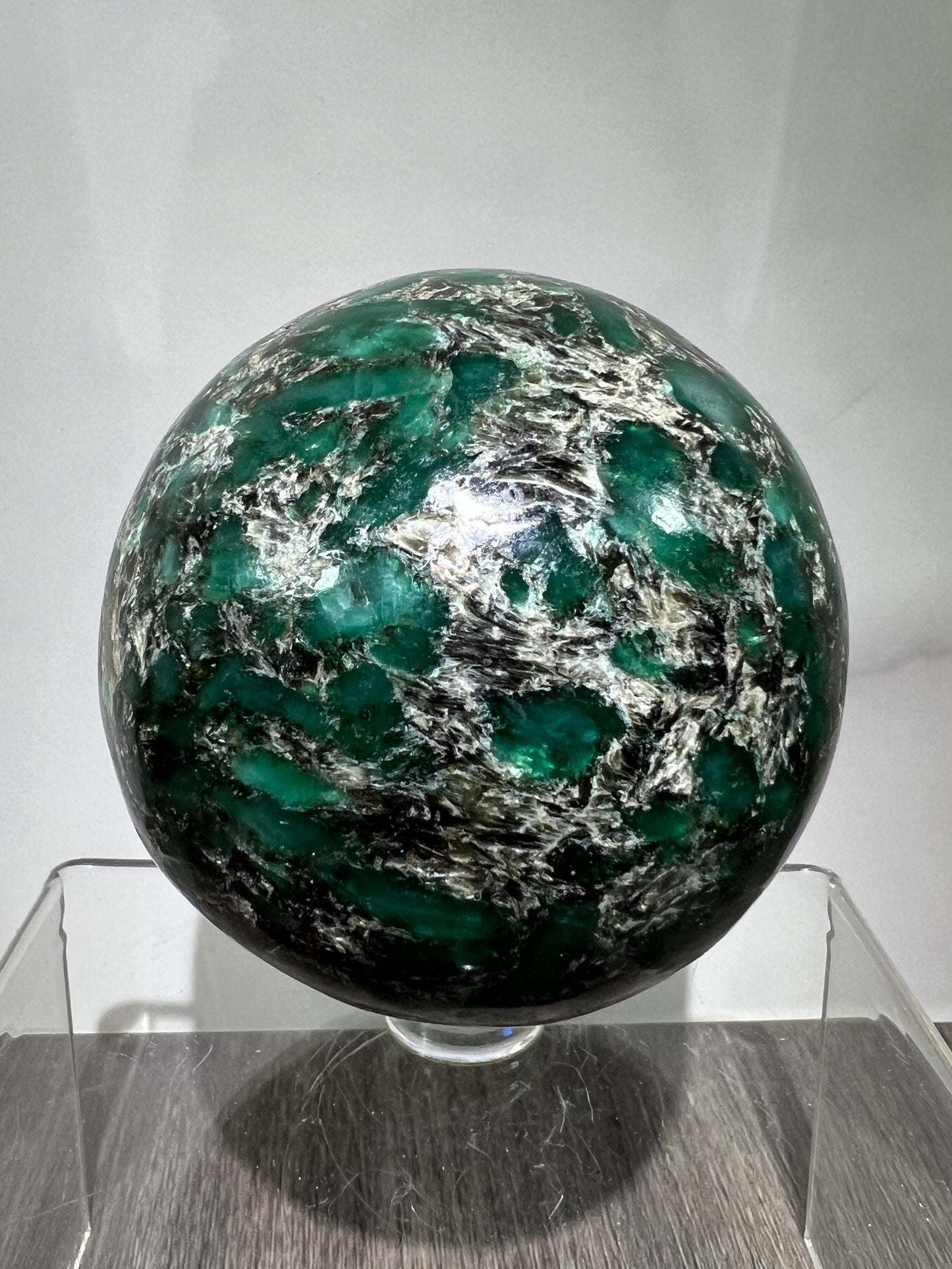 Emerald Mica In Matrix Crystal Sphere. 68mm. Gorgeous Chrome Muscovite From Zimbabwe. Amazing One Of A Kind Rare Display Crystal