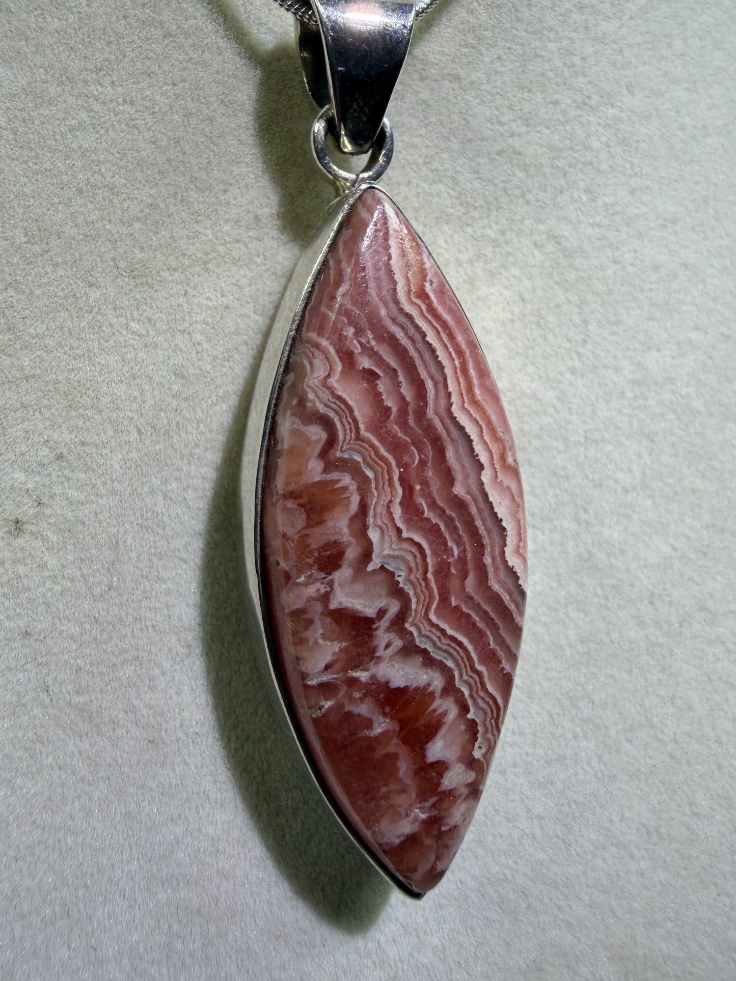 Rhodochrosite Crystal Pendant. S925 Silver Setting. Amazing Colors And Banding. High Quality Crystal Jewelry