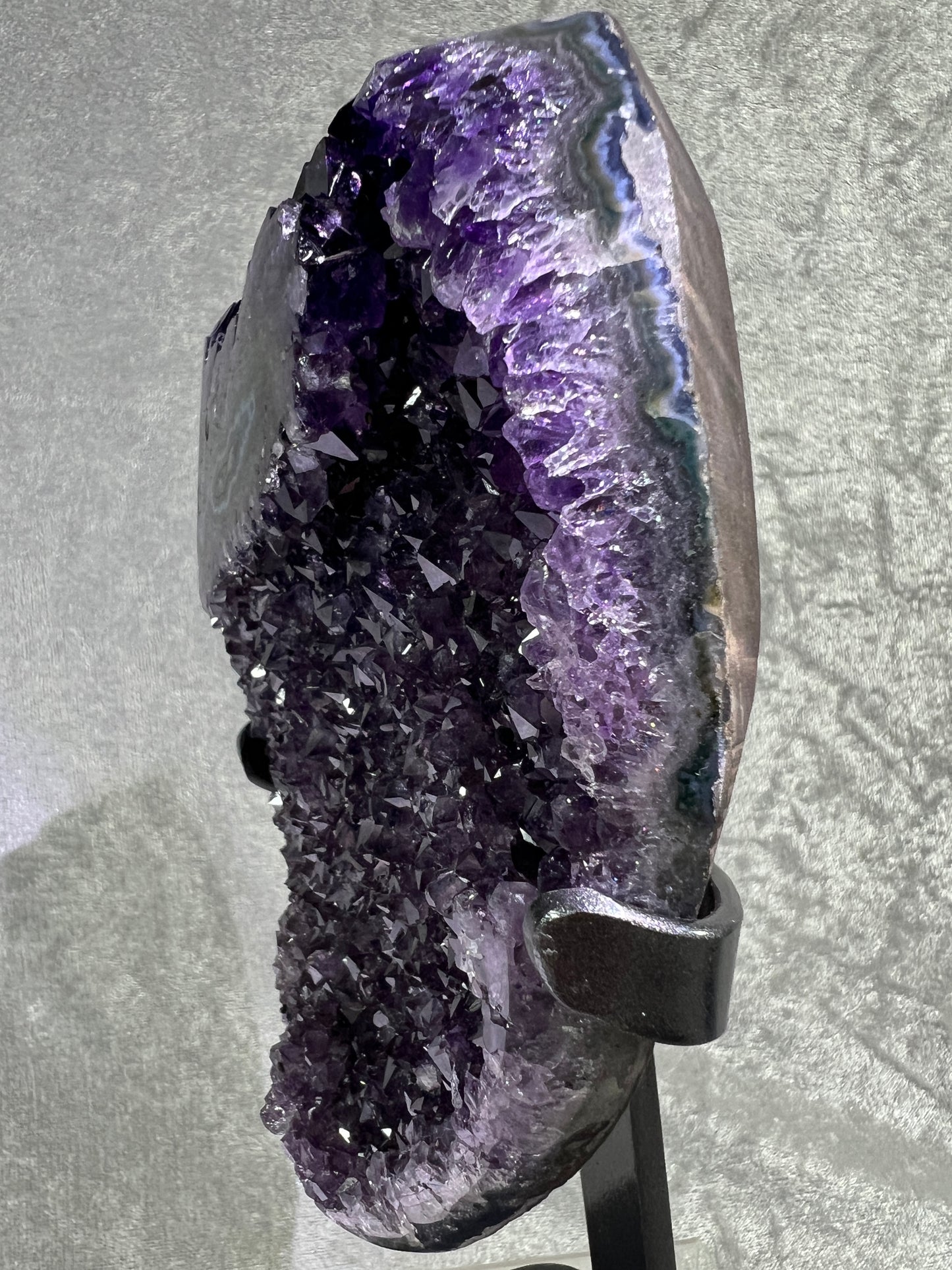 Amethyst Geode Specimen. World Class Uruguayan Specimen. Stunning Top Quality Statement Piece! Custom Made Steel Stand