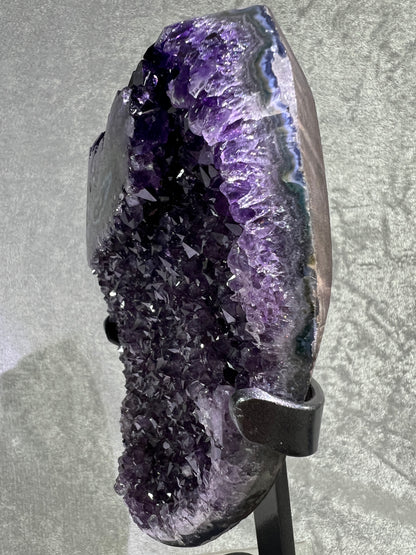 Amethyst Geode Specimen. World Class Uruguayan Specimen. Stunning Top Quality Statement Piece! Custom Made Steel Stand