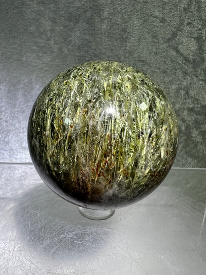 Tourmalinated Quartz Sphere. 57mm. Gorgeous Green And Red Tourmaline Inclusions. High Quality Rare Display Sphere.