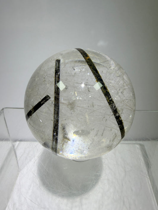 Rutile Quartz Sphere. 49mm. High Quality Rutile And Tourmaline Quartz. Very Rare Combination Of Inclusions.