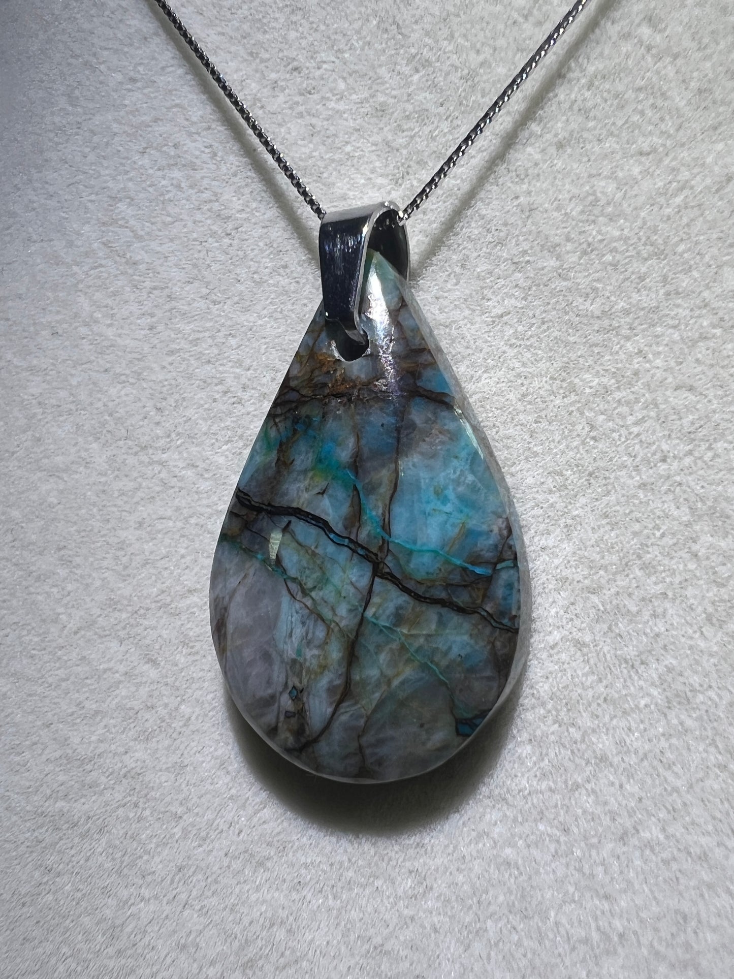 Chrysocolla Fresco Pendant. Limited And Stunning Fresco Patterns. Gorgeous High Quality Crystal. S925 Silver Necklace Included