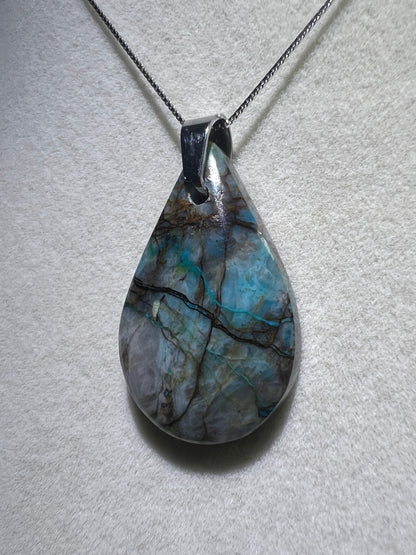 Chrysocolla Fresco Pendant. Limited And Stunning Fresco Patterns. Gorgeous High Quality Crystal. S925 Silver Necklace Included