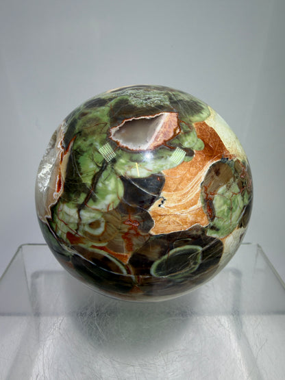 Money Agate Crystal Sphere. 73mm. Very Rare Shades Of Green. Stunning Druzy Indonesian Bloodstone. Amazing Colors And Patterns