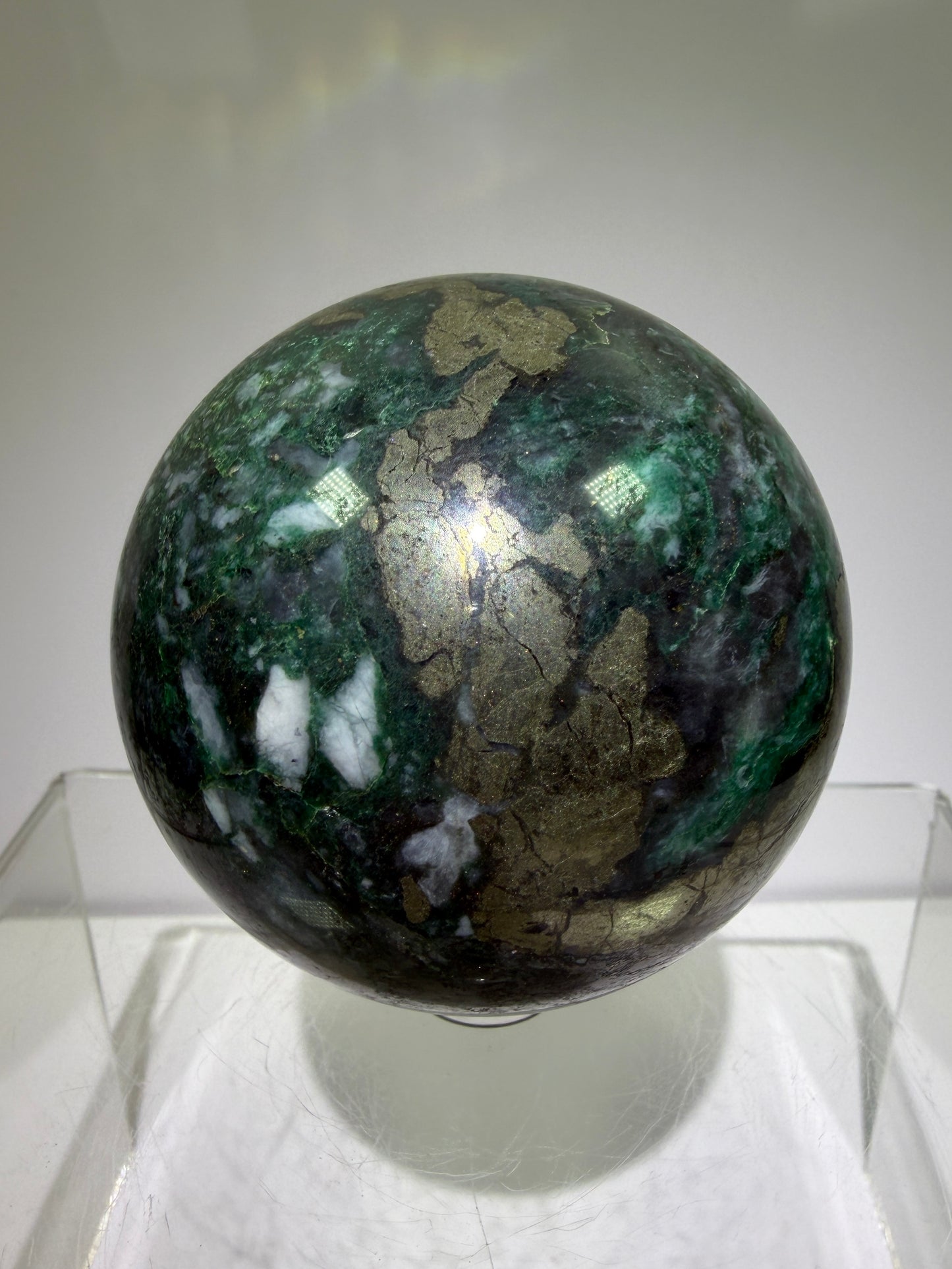 Atacamite And Pyrite Sphere. 64mm. High Quality Rare Sphere. Gorgeous Color Combination.