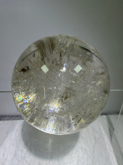 Rutile Quartz Sphere. 51mm. Rare Gold And Silver Rutilated Quartz With Amazing Rainbows.