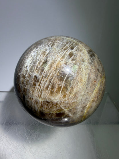 Black Moonstone Crystal Sphere. 55mm. Stunning Bright Silver Flash. High Quality Display Sphere