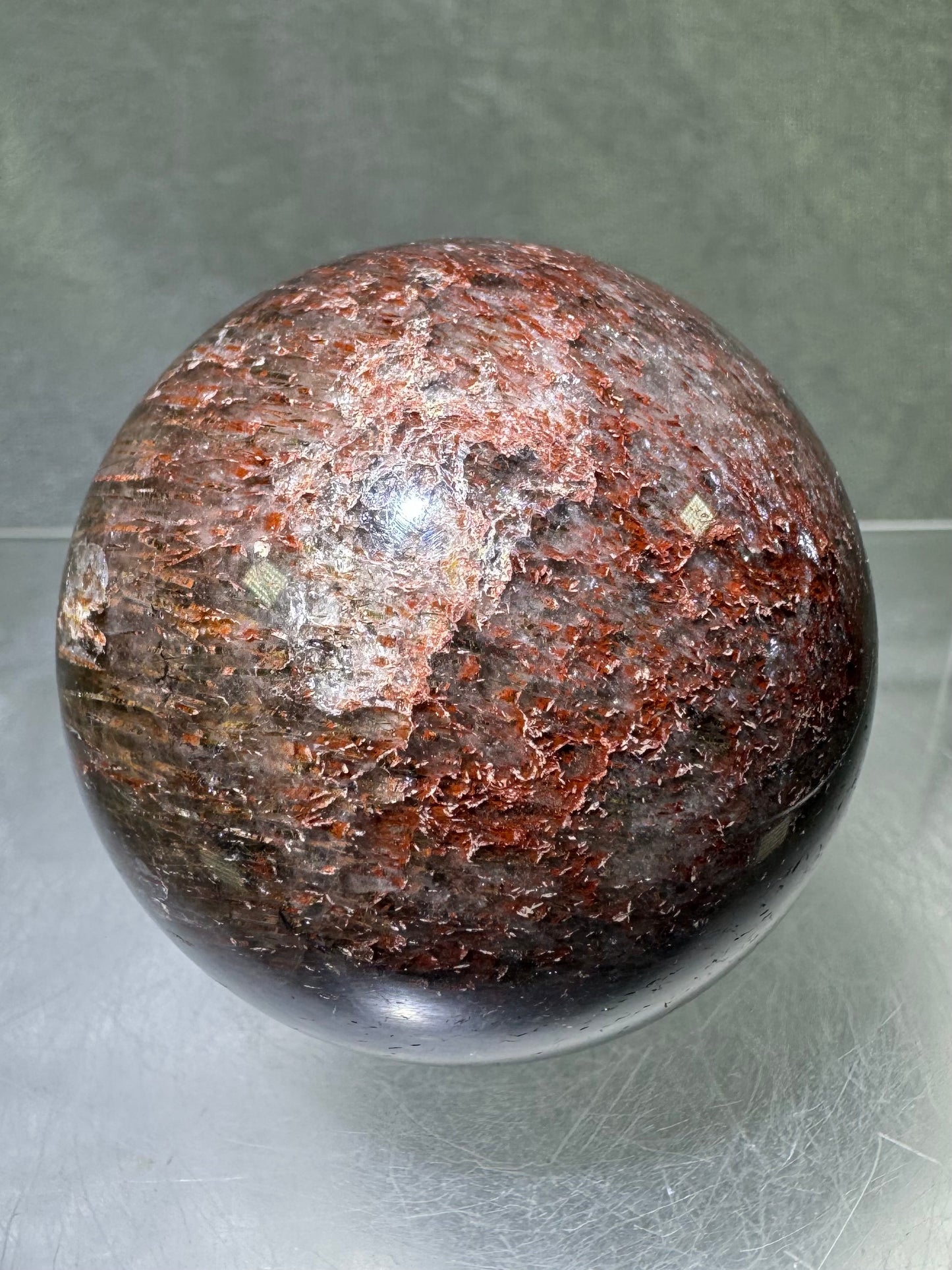 Tourmalinated Quartz Sphere. 54mm. Gorgeous Red Tourmaline Inclusions. Unique And Rare Display Sphere.