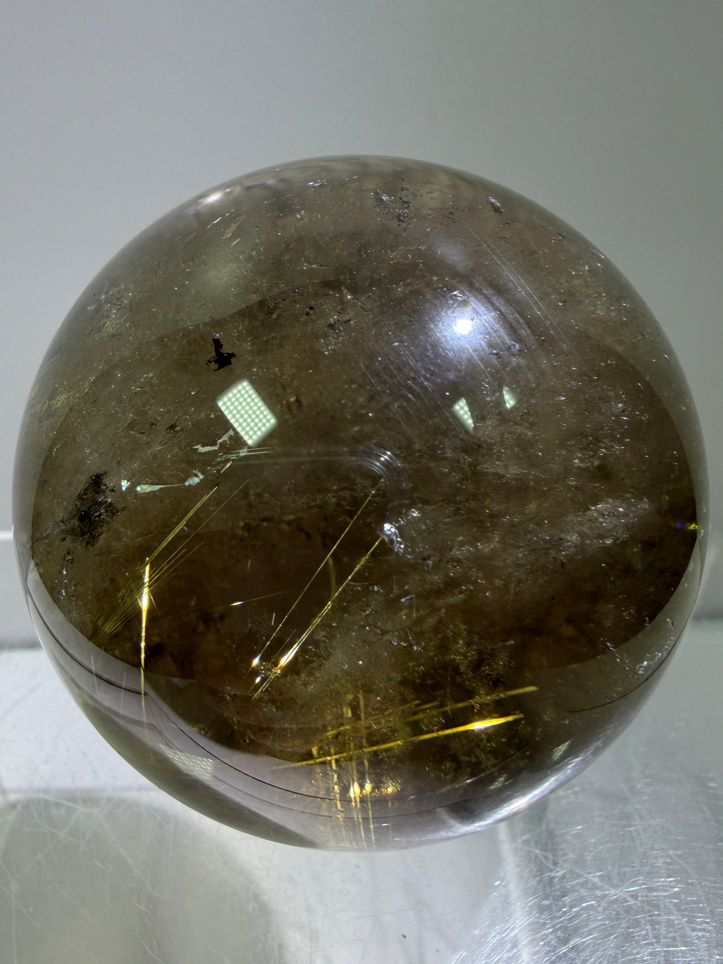 Rutile Quartz Sphere. 58mm. Unique Smoky Quartz With Beautiful Golden Rutile Inclusions.