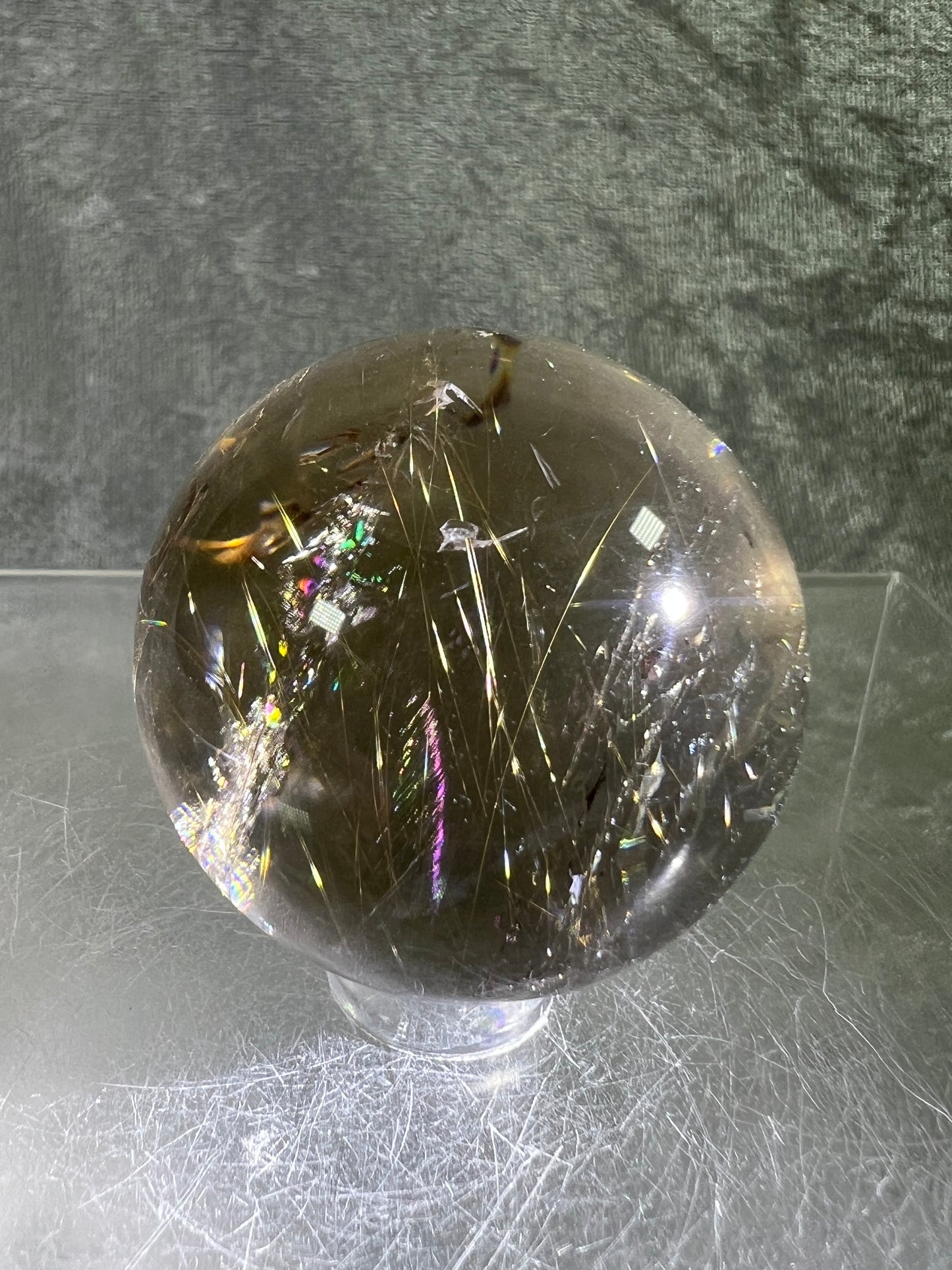 Rutile Quartz Sphere. Amazing Rainbows! Light Smoky Quartz With Stunning Golden Rutile Inclusions.