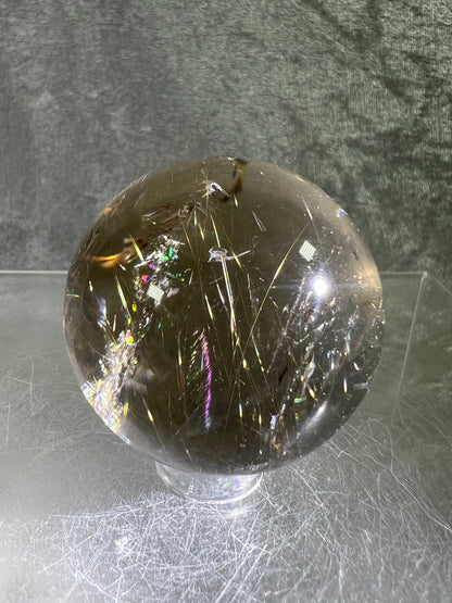Rutile Quartz Sphere. Amazing Rainbows! Light Smoky Quartz With Stunning Golden Rutile Inclusions.