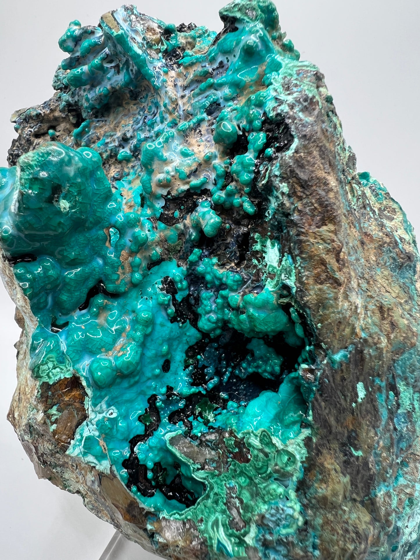 Silica Chrysocolla Specimen. Very Rare Display Crystal. High Quality Botryoidal Bubblegum Chrysocolla, Malachite, And Heterogenite.