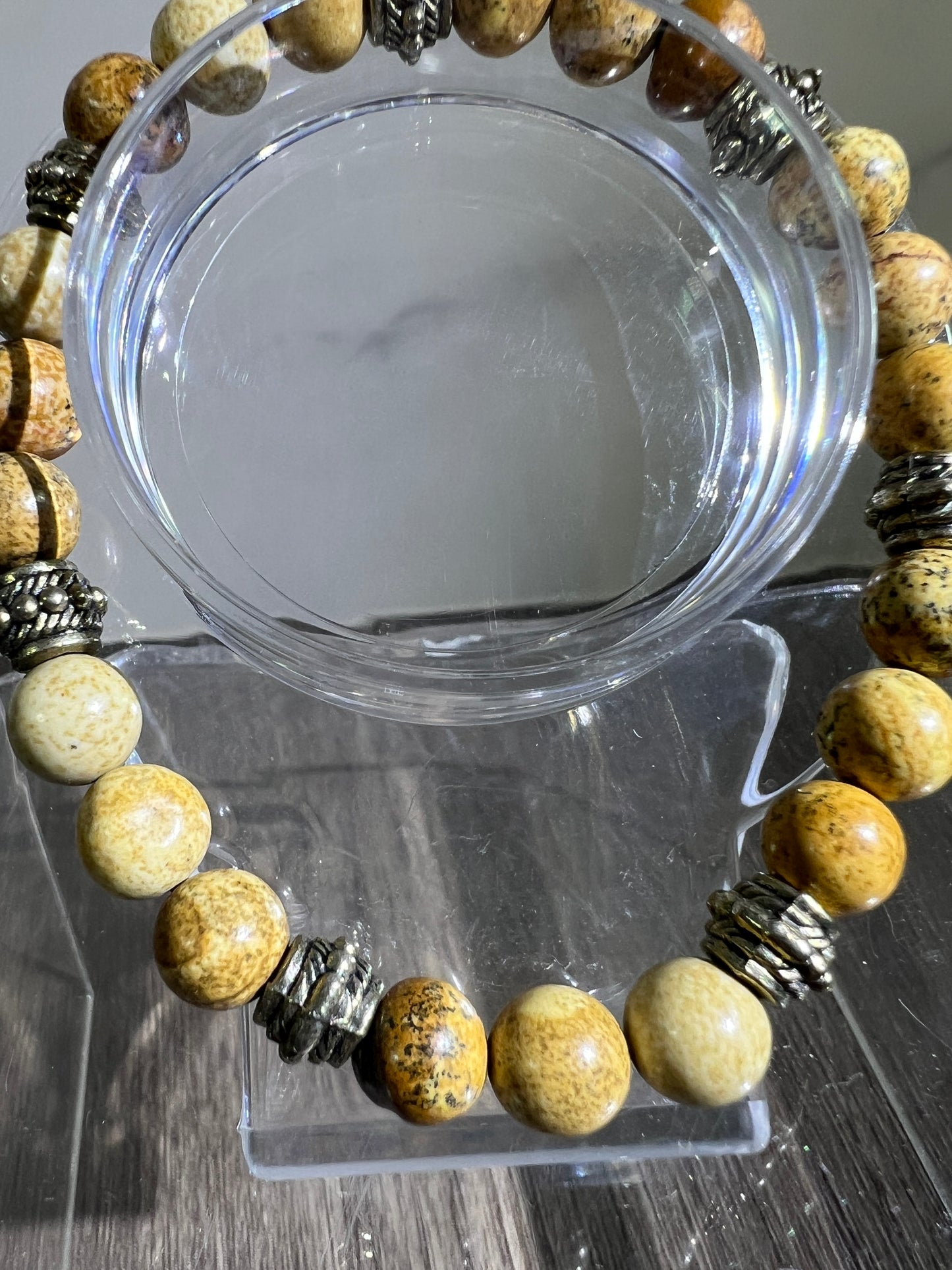 Petrified Wood Crystal Bead Bracelet. 8mm. Unique Crystal Bracelet With Cool Spacers.