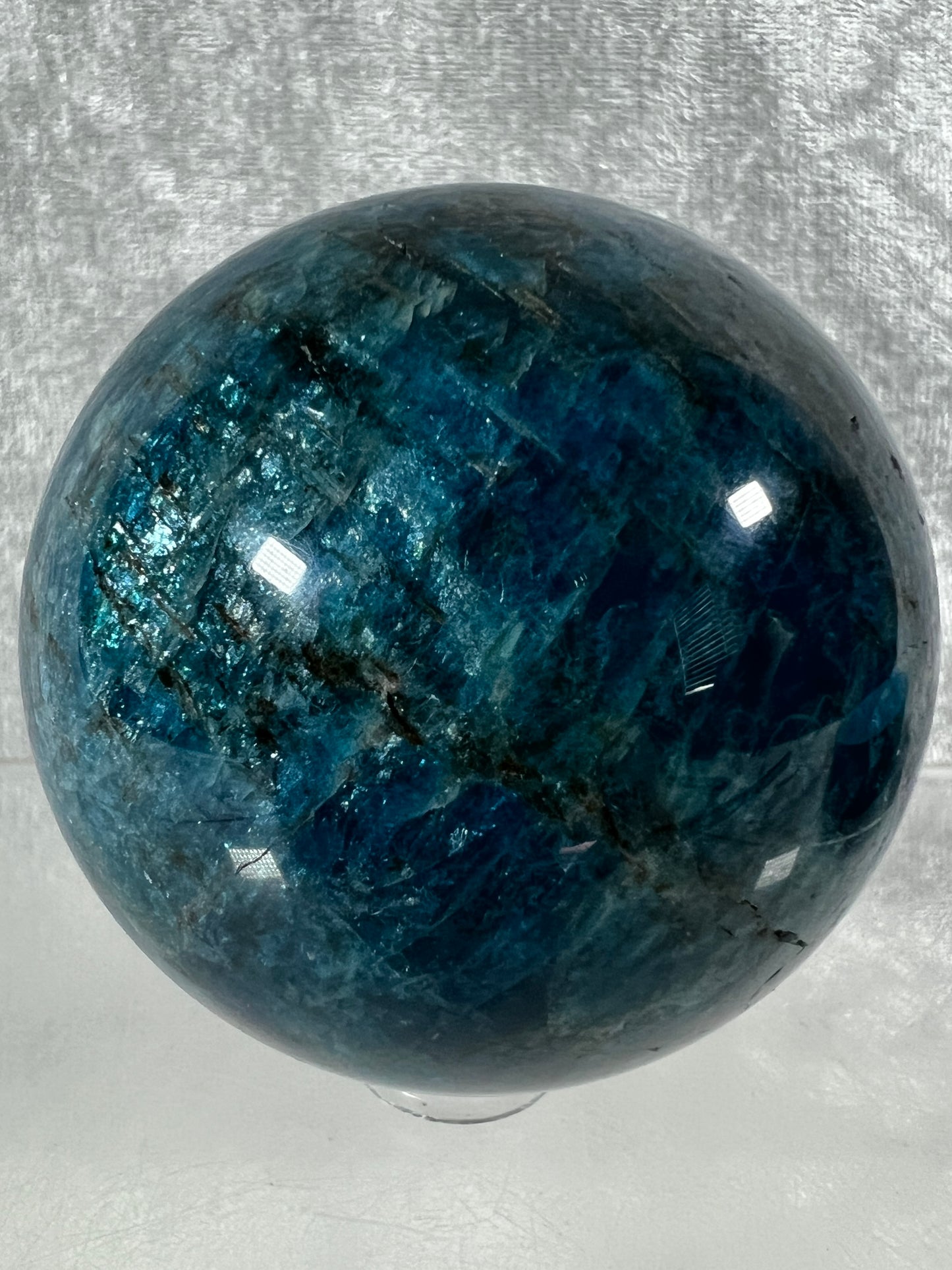 Blue Apatite Crystal Sphere. 58mm. Stunning Deep Blue With Lots Of Iridescent Flash. High Quality Display Sphere