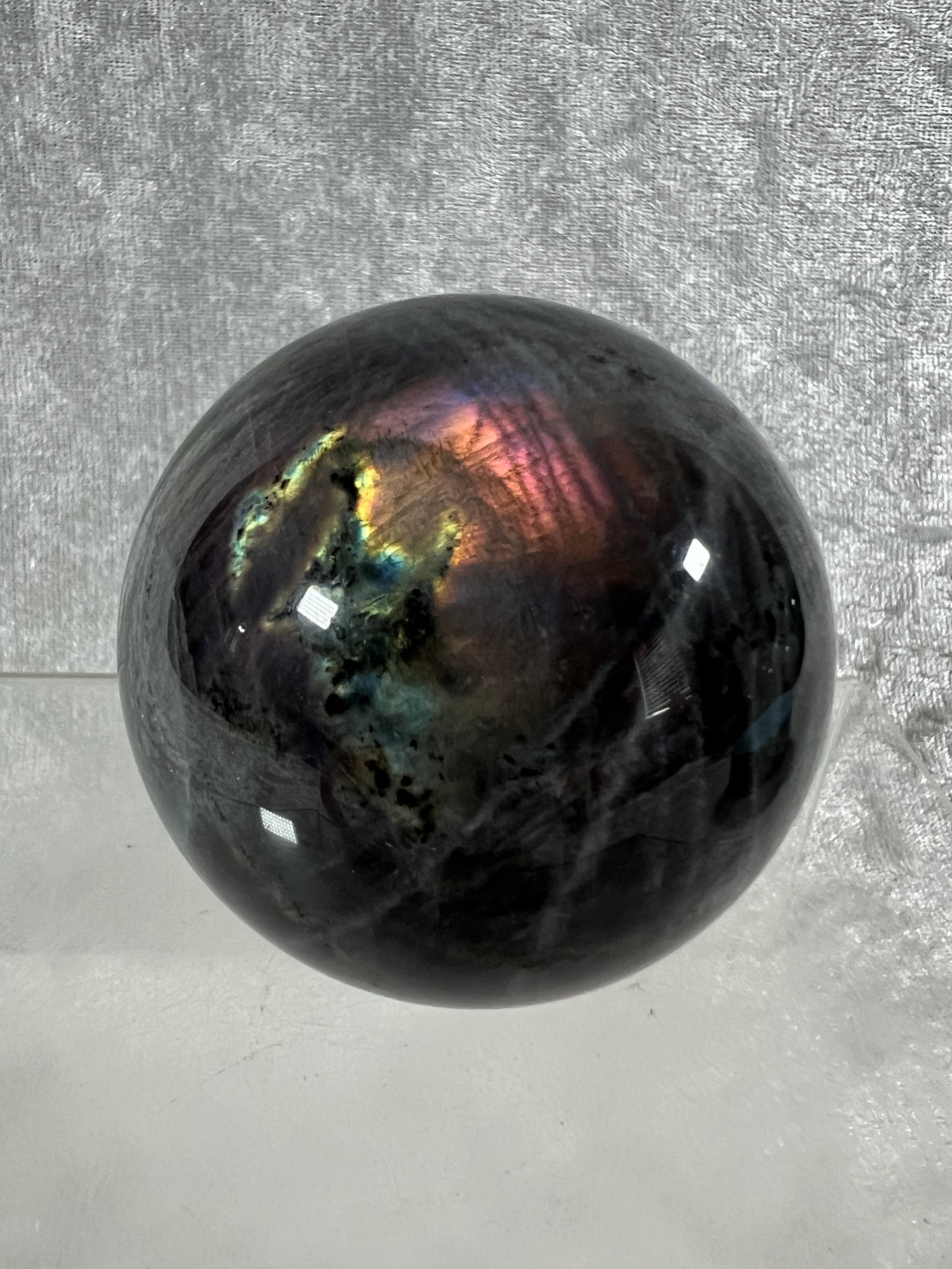Labradorite Crystal Sphere. 64mm. Very Rare Pink And Purple Rainbow Flash. Gorgeous Display Sphere.
