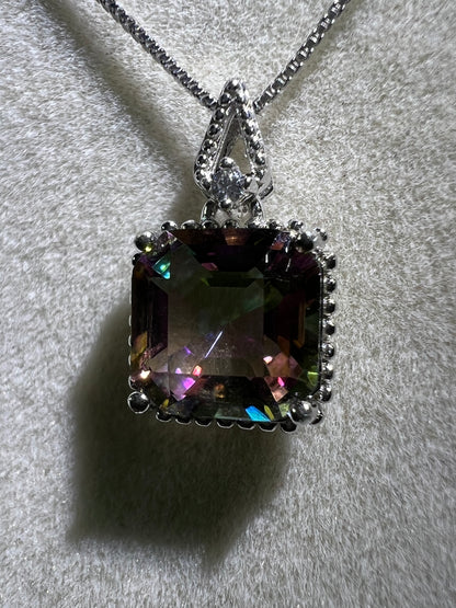 Mystic Topaz Crystal Pendant. S925 Silver Setting And Necklace. Gorgeous Mystic Topaz Gemstone.