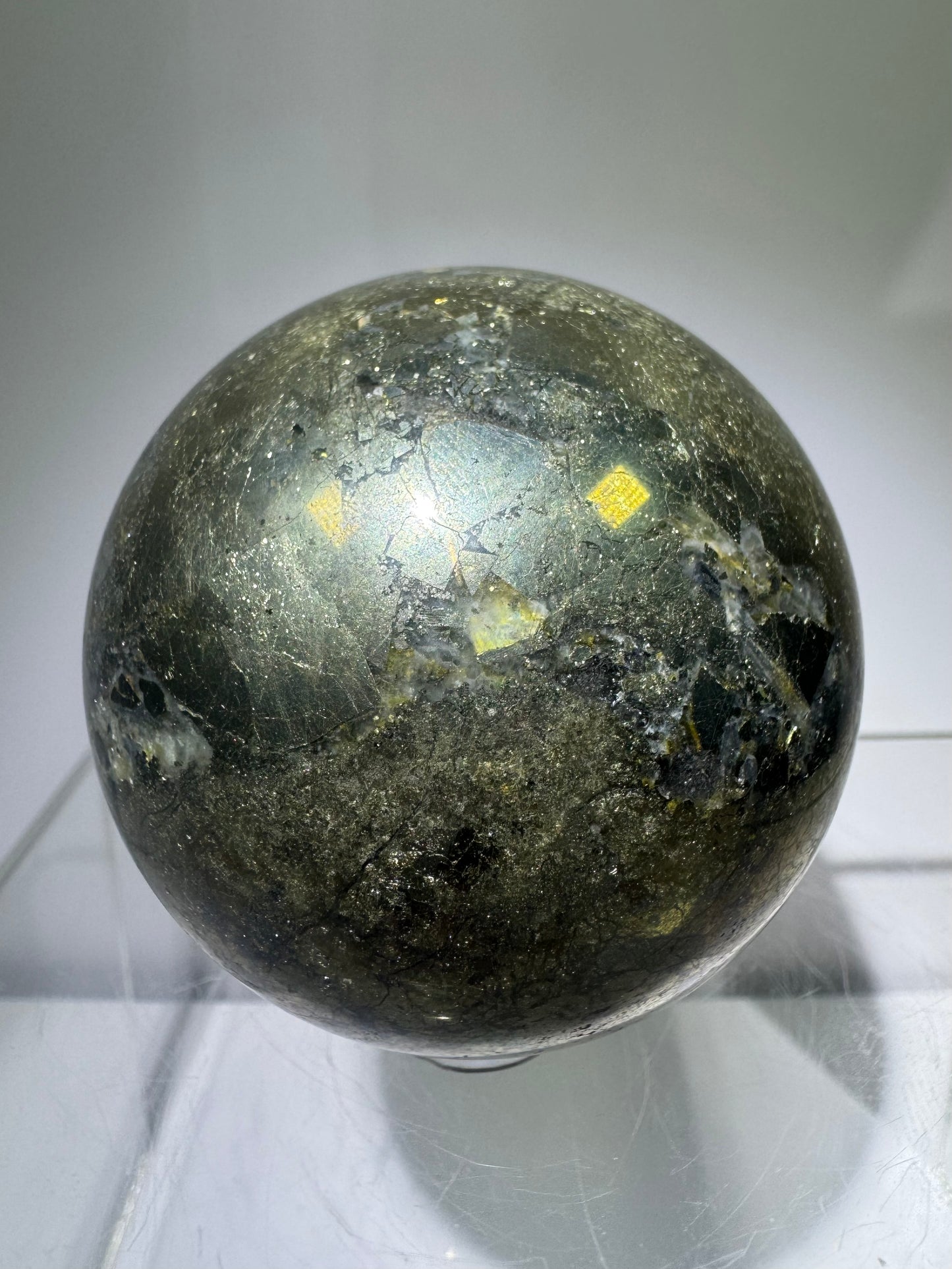 Pyrite And Agate Sphere. 57mm. Gorgeous Display Sphere. Amazing Flash And Colors.