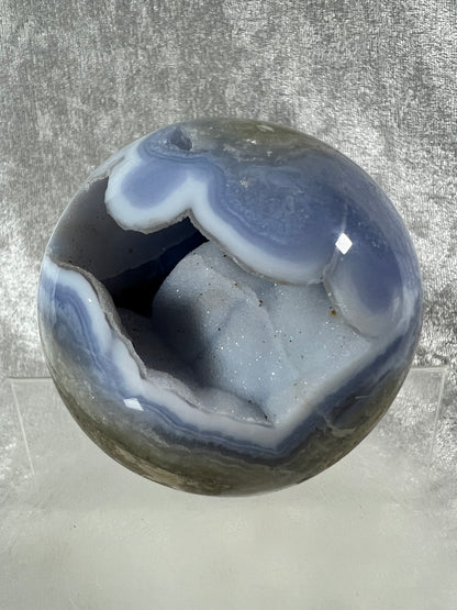 Blue Lace Agate Sphere. 74mm. Large Sugar Druzy Blue Lace Sphere. Stunning Collectors Piece.