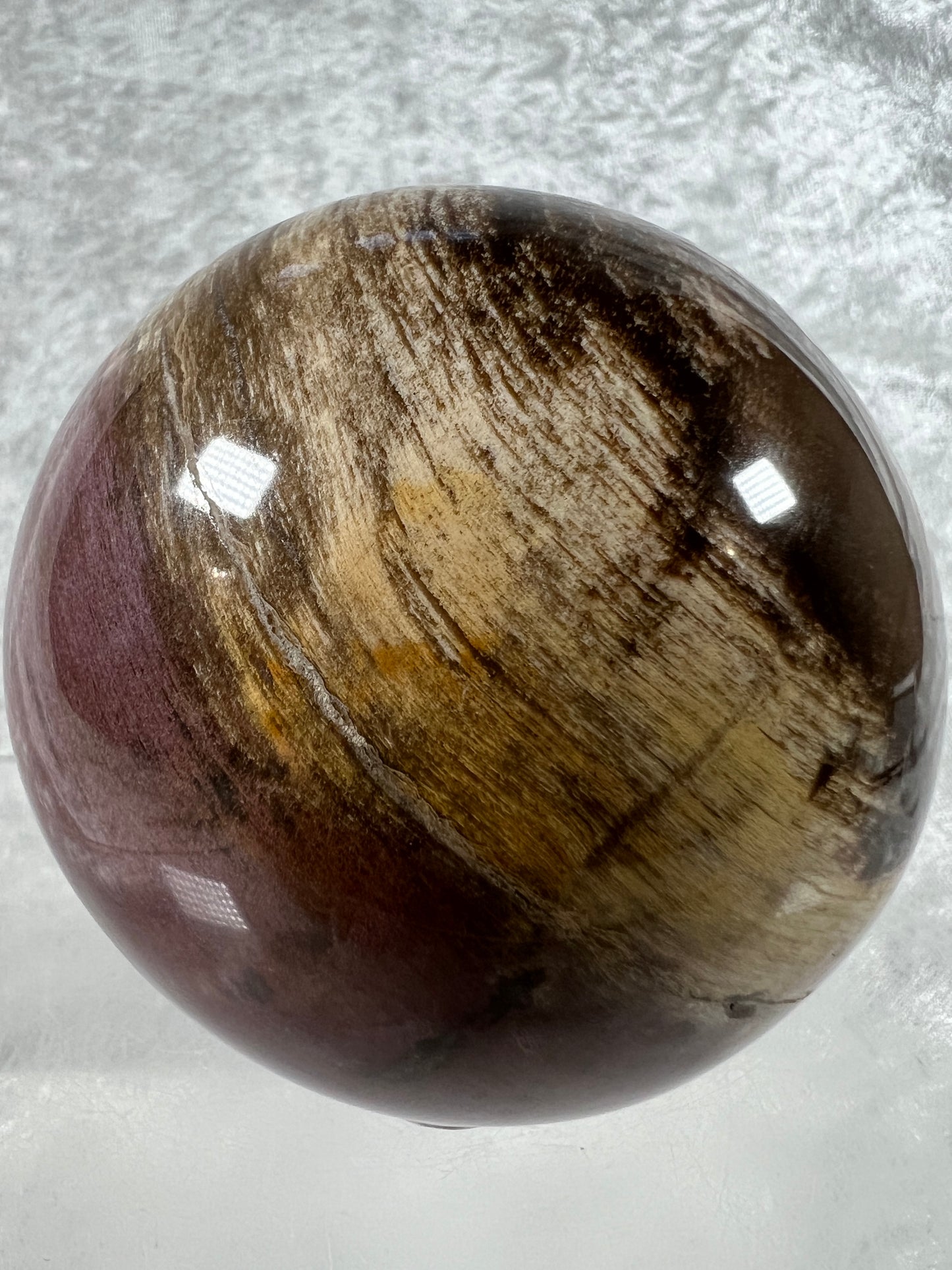Petrified Wood Sphere. 74mm. Gorgeous Rare Display Sphere From Madagascar. Stunning Colors And Patterns.
