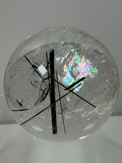 Black Tourmaline Quartz Sphere. 60mm. Massive Rare Rainbows. Gorgeous Black Rutile Sphere. Tourmalinated Quartz Display Crystal