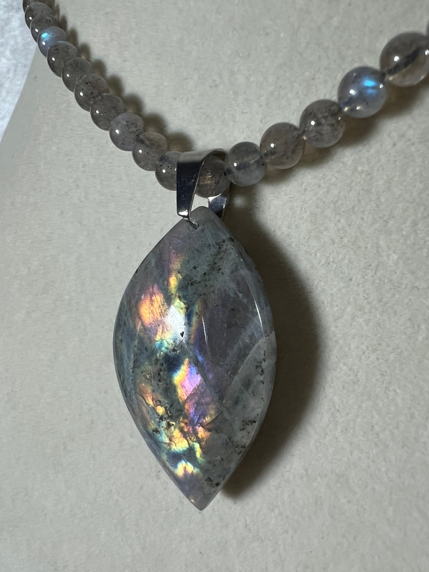 Labradorite Crystal Pendant. Stunning High Quality Jewelry. Custom Made Labradorite Beaded Necklace