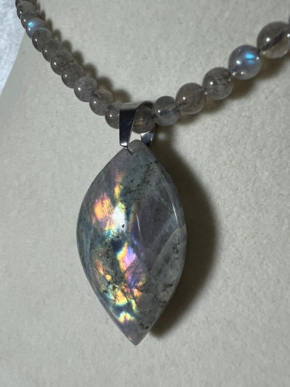 Labradorite Crystal Pendant. Stunning High Quality Jewelry. Custom Made Labradorite Beaded Necklace