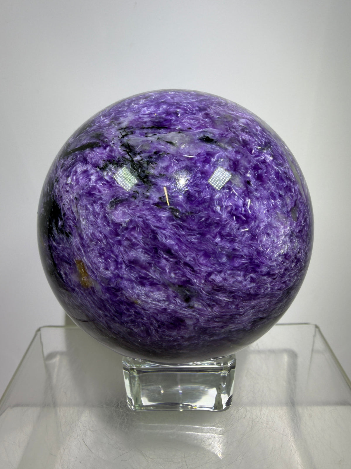 Charoite Crystal Sphere. 79mm. XL High Quality Stunning Crystal. Amazing Patterns And Flash. Gorgeous UV Reaction.