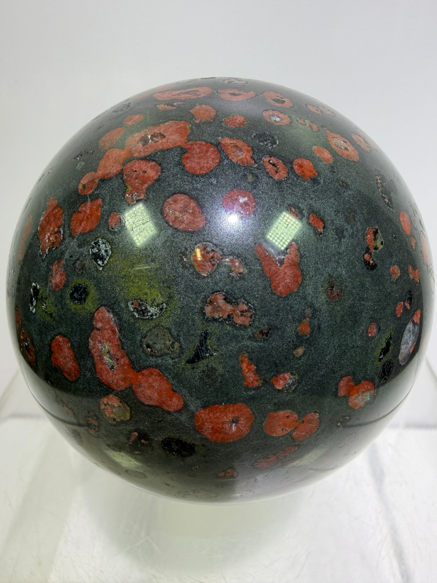 Plum Blossom Jade Sphere: 72mm. Gorgeous Large Display Sphere. Beautiful Color Contrast
