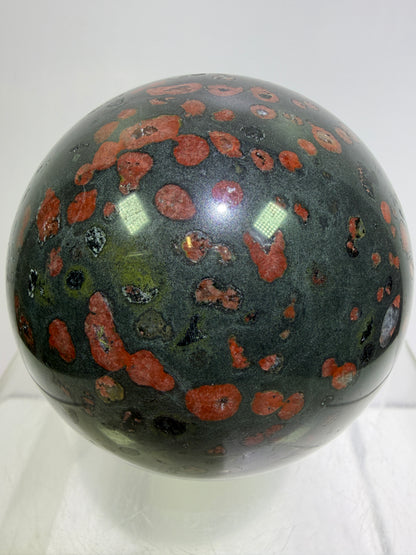 Plum Blossom Jade Sphere: 72mm. Gorgeous Large Display Sphere. Beautiful Color Contrast