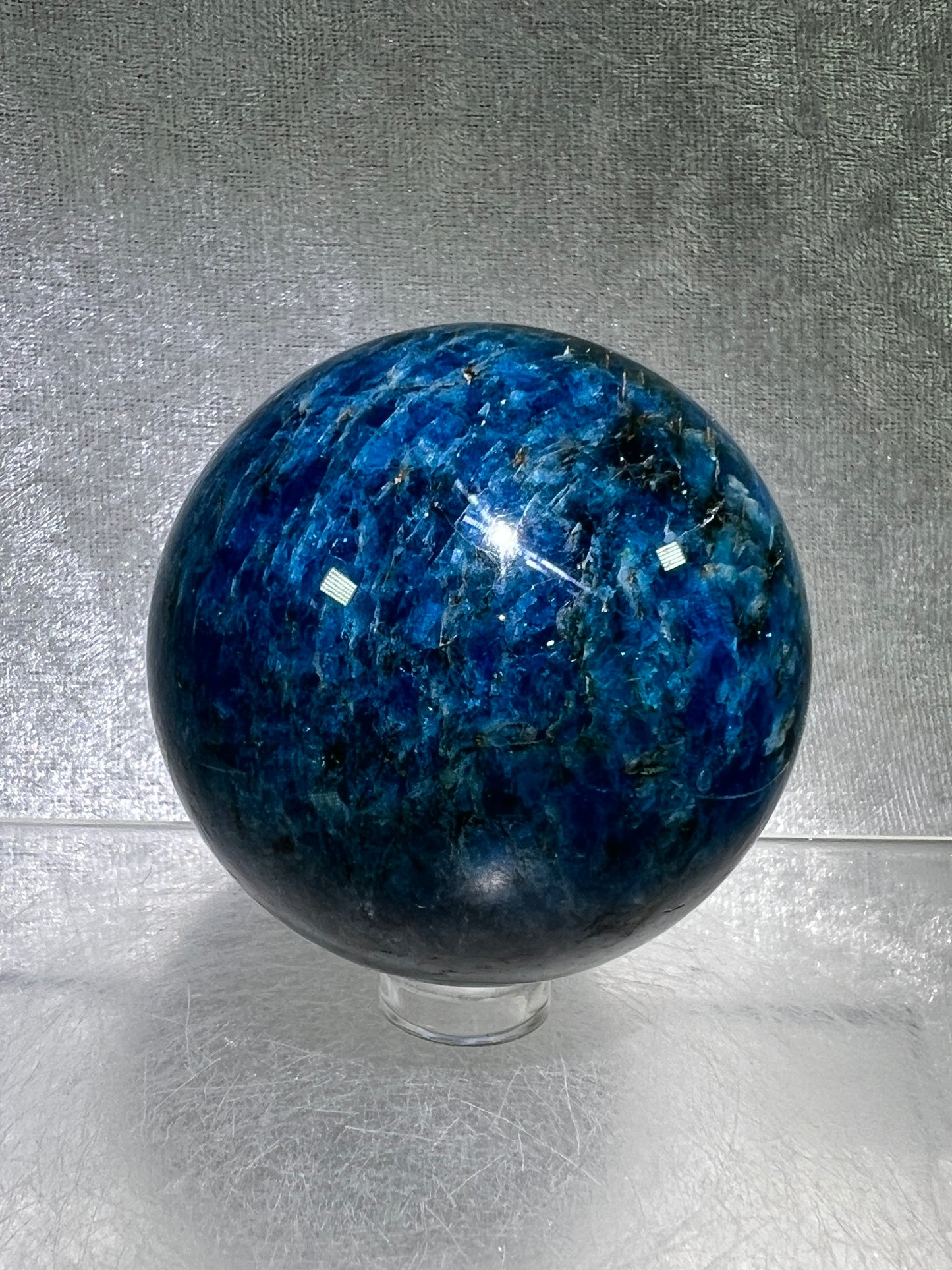 Blue Apatite Crystal Sphere. 58mm. Stunning Deep Blue With Lots Of Iridescent Flash. High Quality Display Sphere