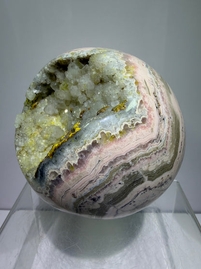 Rhodochrosite Crystal Sphere. 92mm. XL Rare Druzy Display Sphere. Amazing Druzy And Banding