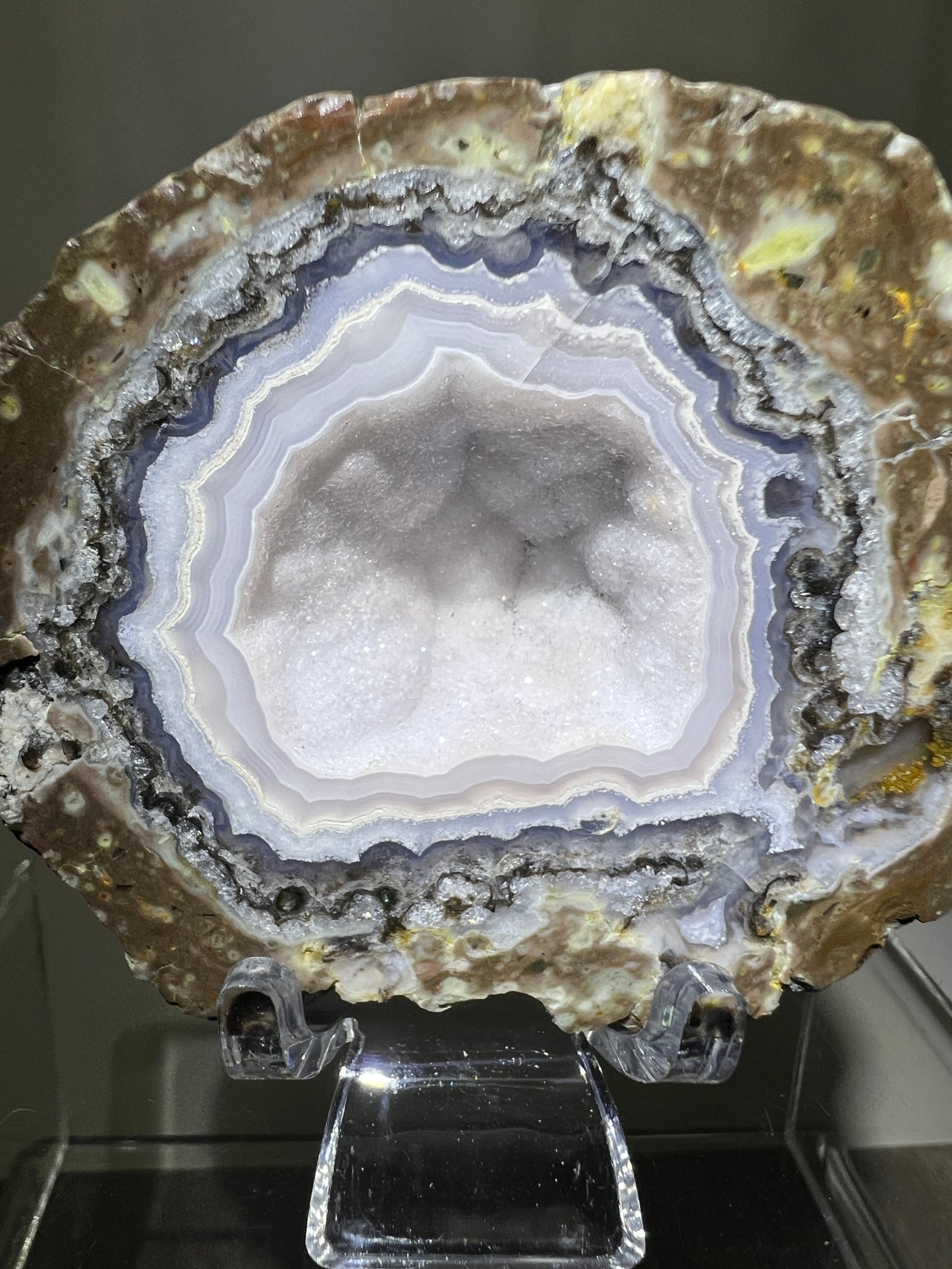 Trancas Geode Specimen From Mexico. A Beautiful Half Geode With Stunning Sugar Druzy. Gorgeous Shortwave UV Reaction!