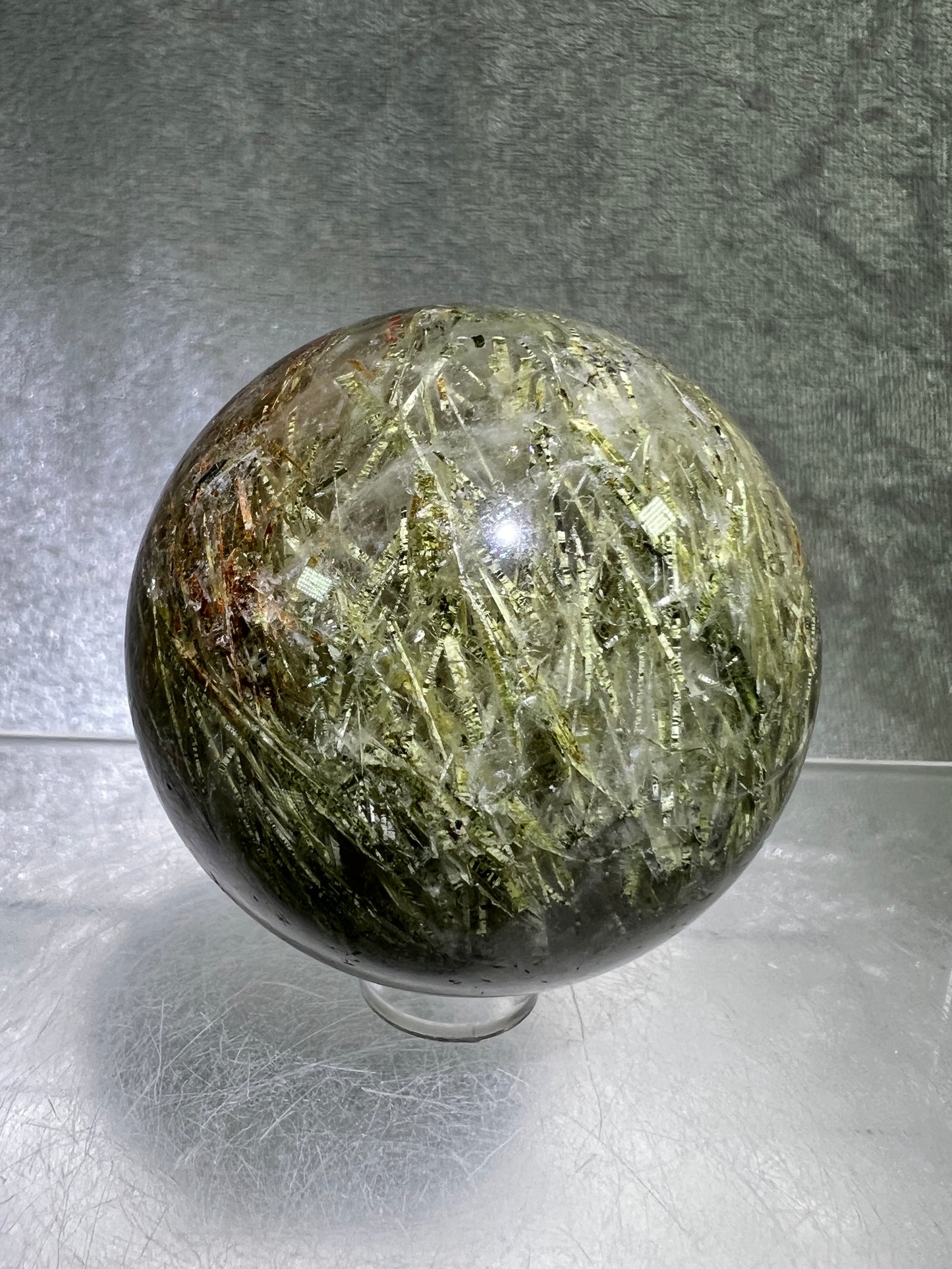 Tourmalinated Quartz Sphere. 56mm. Amazing Green And Red Tourmaline Inclusions. Stunning Rare Display Sphere.