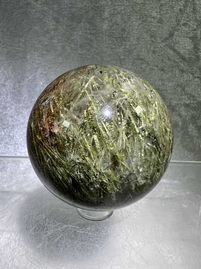 Tourmalinated Quartz Sphere. 56mm. Amazing Green And Red Tourmaline Inclusions. Stunning Rare Display Sphere.