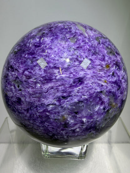 Charoite Crystal Sphere. 79mm. XL High Quality Stunning Crystal. Amazing Patterns And Flash. Gorgeous UV Reaction.