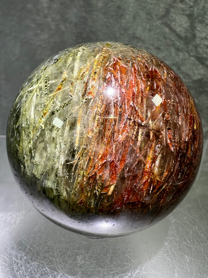 Tourmalinated Quartz Sphere. 56mm. Amazing Green And Red Tourmaline Inclusions. Stunning Rare Display Sphere.