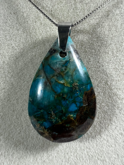 Chrysocolla Teardrop Pendant. Rare Water And Wine Chrysocolla From Peru. Stunning Color Combination. Includes S925 Silver Necklace.